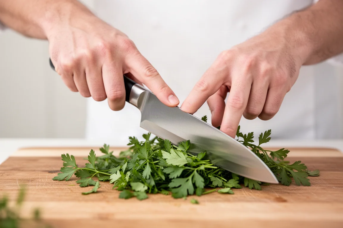 Cook using a pinch grip to chop vegetables with a chef's knife