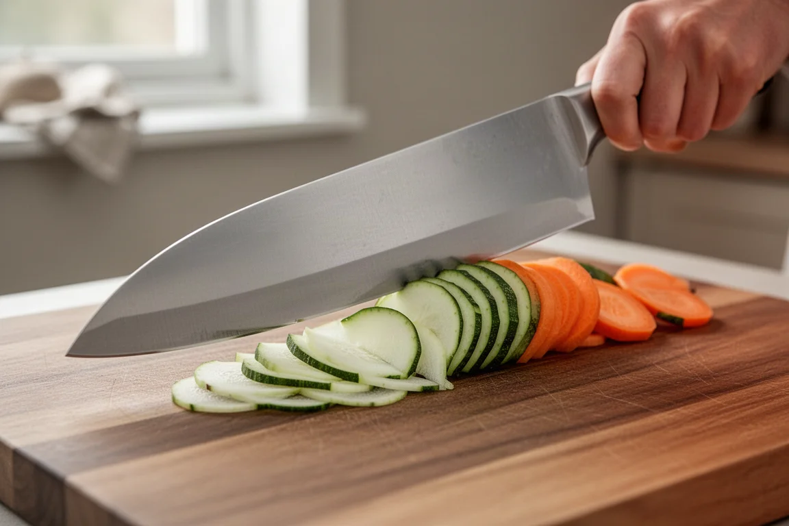 Chef's knife heel in full contact with a cutting board during a slice