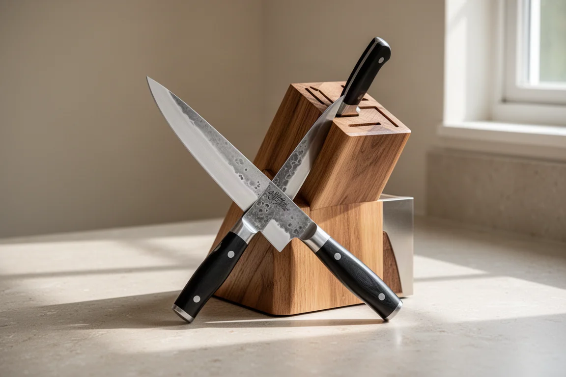 Chef's knife resting beside a knife block on a clean countertop