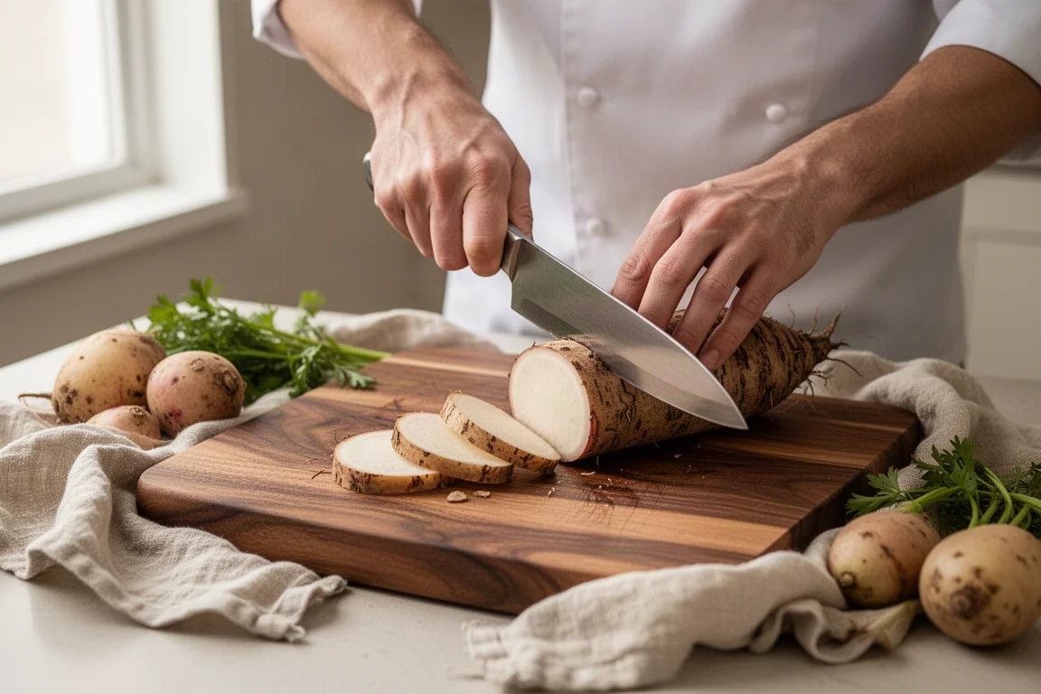 Uno chef che affetta verdure compatte su un tagliere di legno in una cucina luminosa
