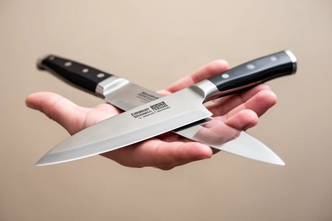 Coltello da cucina leggero in equilibrio su un palmo aperto, inclinato in avanti
