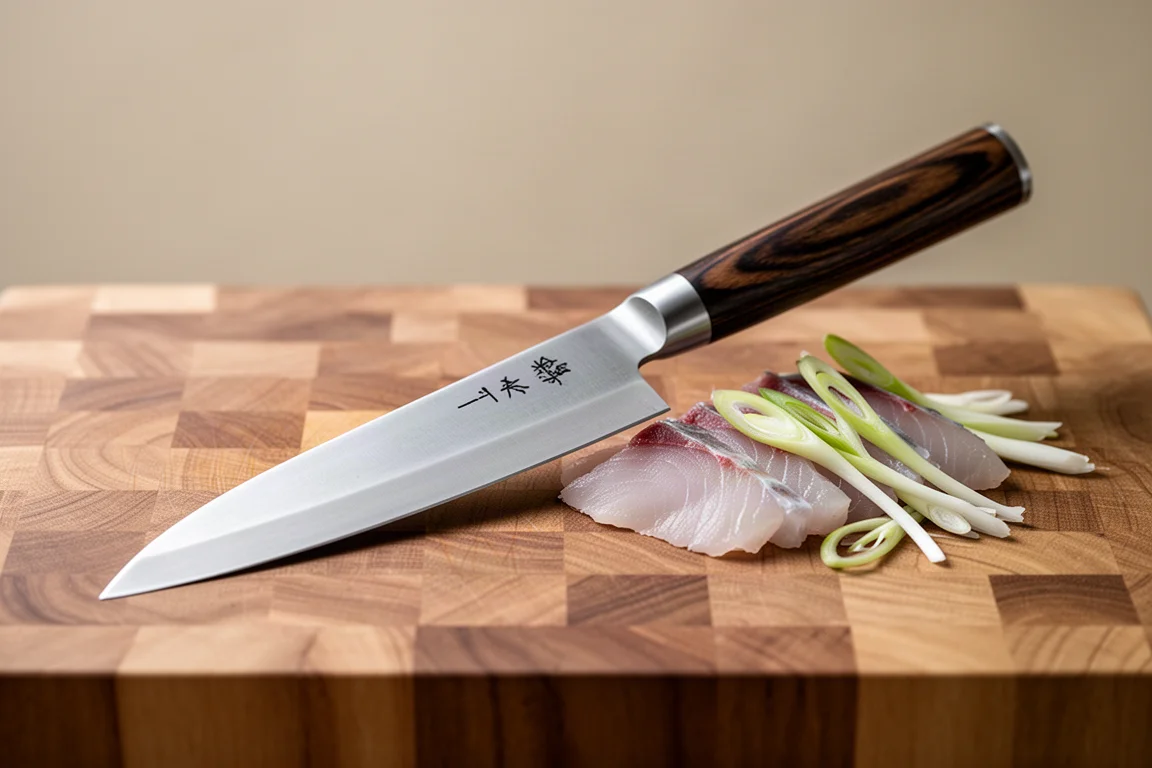 Coltello da cucina in stile giapponese con manico in PakkaWood scuro su un tagliere di legno