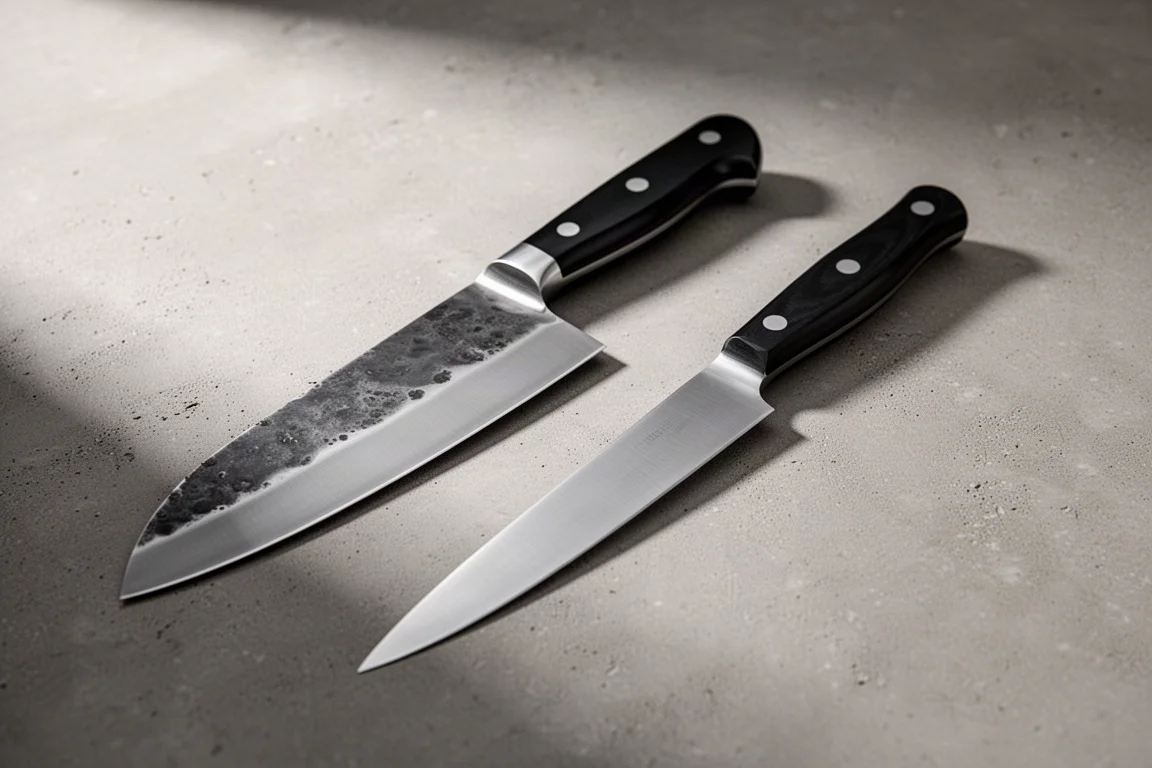 Forged and stamped chef's knives side by side on a concrete surface